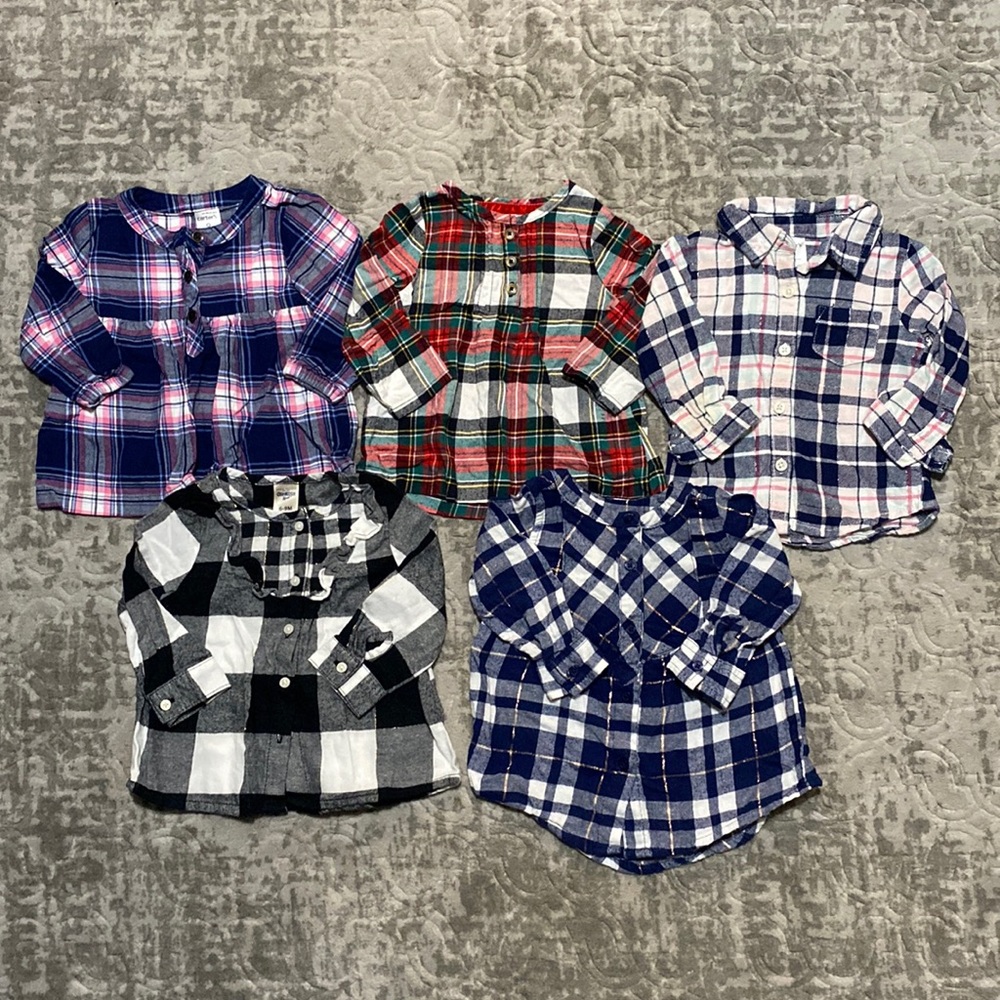 Bundle of 5, baby girls plaid long sleeve shirts. Size 6-9M